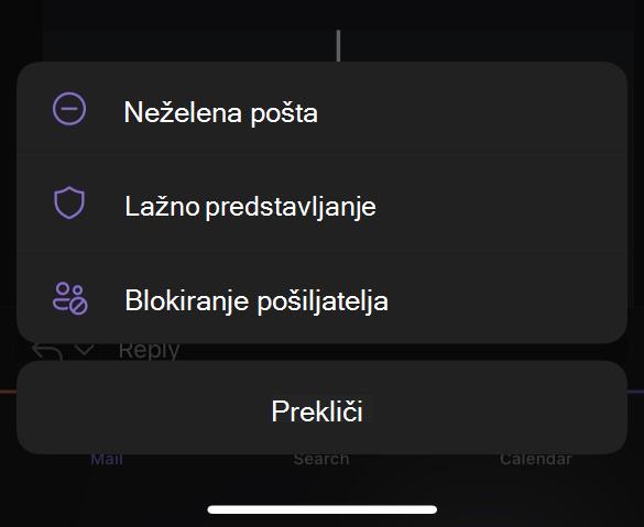 Podmeni »Neželena pošta« za Outlook Mobile