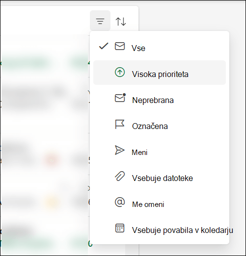 Meni filtra sporočil v Outlooku, ki prikazuje, da je na voljo možnost »Visoka prioriteta«.