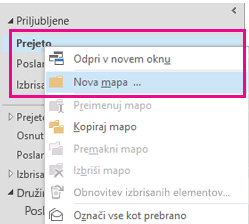 Novo podmapo lahko ustvarite v priročnem meniju.