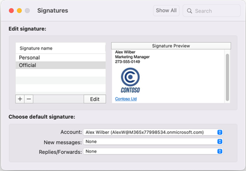 Okno »Privzeti podpisi« v Outlooku for Mac
