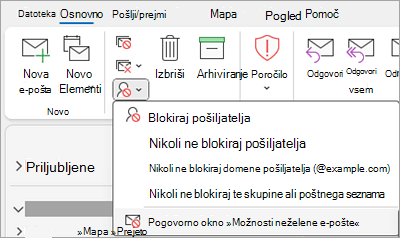 Posnetek zaslona, ki prikazuje spustni meni »Blokiraj pošiljatelja« z izbranimi možnostmi neželene e-pošte