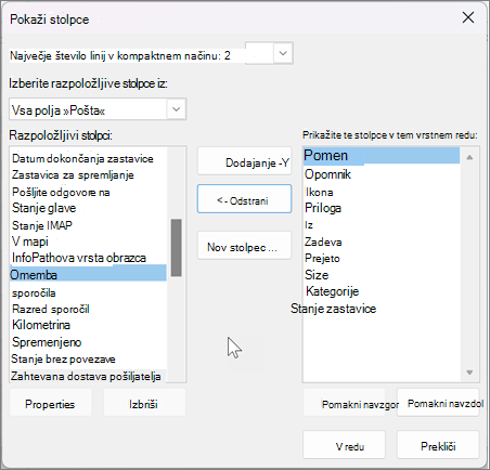 Oglejte si nastavitve stolpcev v Outlooku