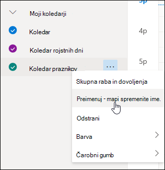 Posnetek zaslona s kontekstnim menijem koledarja z izbrano možnostjo »Preimenovanje«.