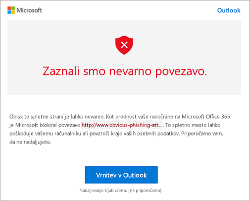 Posnetek zaslona z opozorilom na nevarno povezavo