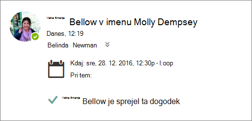 Posnetek zaslona povabila na srečanje, ki ga je sprejel pooblaščenec.