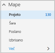 Posnetek zaslona, ki prikazuje privzete poštne mape v razdelku »Priljubljene«.