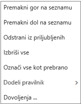 Posnetek zaslona, na katerem je prikazan kontekst menija ali bližnjica, ki se prikaže, ko z desno tipko miške kliknete mapo »Prejeto« pošte.