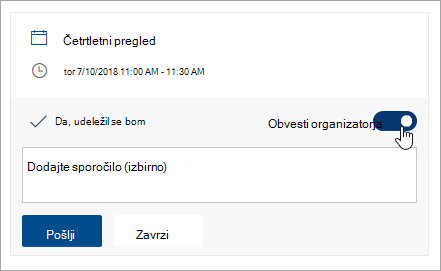 Posnetek zaslona preklopnega gumba »Obvesti organizatorja«