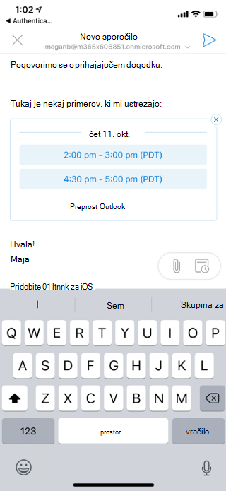 Prikaže zaslon sistema iOS z razpoložljivimi časi, navedenimi v osnutku e-pošte. V zgornjem levem kotu je &citat; X" gumb.