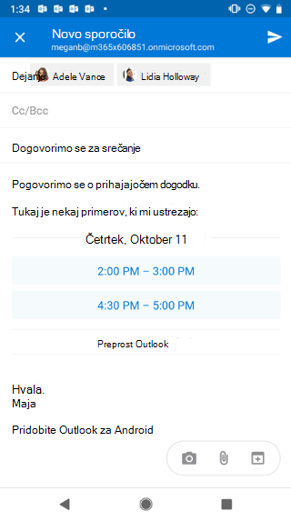 Prikaže zaslon Androida z osnutkom e-pošte, ki ima predlagane čase. Obstaja &citat; X" v zgornjem levem kotu.