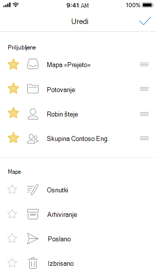 Ikona svinčnika in tri vrstice na desni strani seznamov za preurejanje seznama priljubljenih