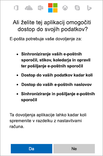 Tapnite »Da«, da sprejmete dovoljenja