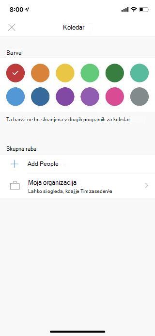 Prikaže koledar na zaslonu mobilnega telefona. V razdelku Skupna raba je povezava z napisom Dodaj People.