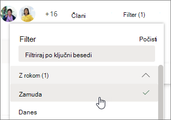 Posnetek zaslona izbire možnosti »Zamudo« v meniju »Filter« v aplikaciji Planner