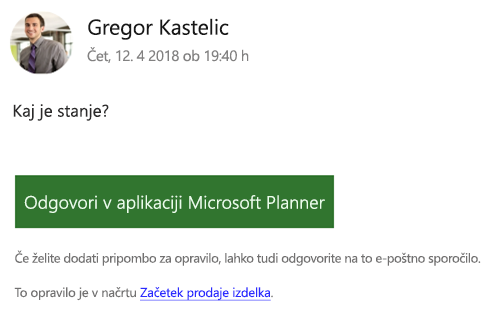 Posnetek zaslona: prikazuje primer skupinskega e-poštnega sporočila, ki ga morda prejmete.