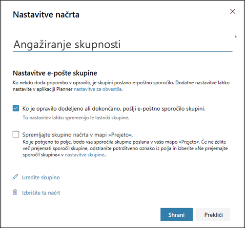 Posnetek zaslona: Prikazuje nastavitev Pošlji e-pošto skupini načrtov ... za nastavitve načrta