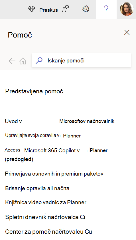 Izberite gumb ? v aplikaciji Planner za splet za dostop do podokna s pomočjo in odgovorov na vprašanja