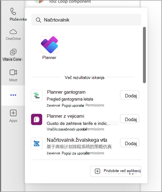 Poiščite aplikacijo Planner v aplikaciji Teams tako, da izberete možnost »Prikaži več aplikacij« in v iskalni vrstici poiščite Planner.