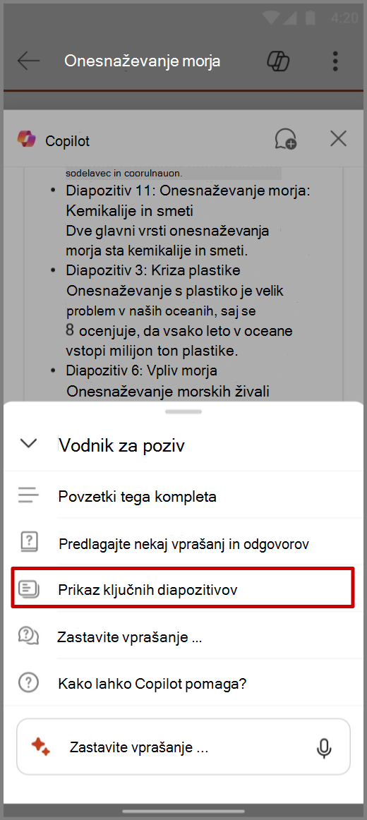 Posnetek zaslona storitve Copilot v PowerPointu na napravi s sistemom Android s pozivom Pokaži ključne diapozitive