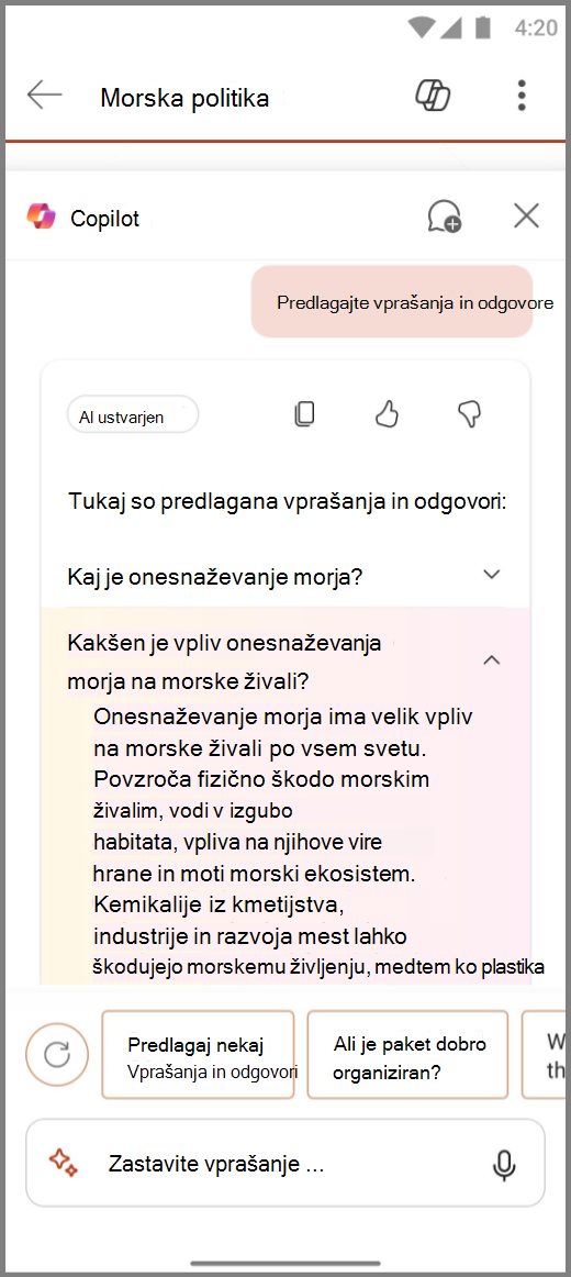 Posnetek zaslona storitve Copilot v PowerPointu v sistemu Android z rezultati poziva Predlagaj nekaj Q&As