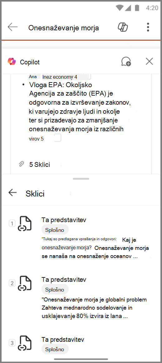 Posnetek zaslona storitve Copilot v PowerPointu na napravi s sistemom Android s sklici za odziv na Povzemi ta paket