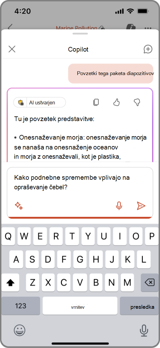 Posnetek zaslona storitve Copilot v PowerPointu na napravi s sistemom iOS s pozivom v polju za sestavljanje