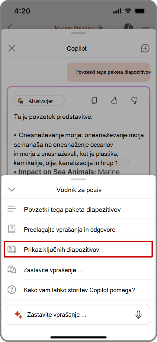 Posnetek zaslona storitve Copilot v PowerPointu na napravi s sistemom iOS s pozivom Pokaži ključne diapozitive