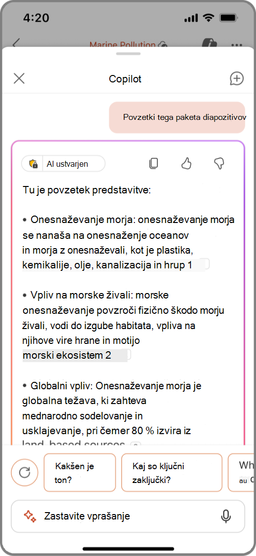 Posnetek zaslona storitve Copilot v PowerPointu na napravi s sistemom iOS z rezultati opcije Povzemi ta paket