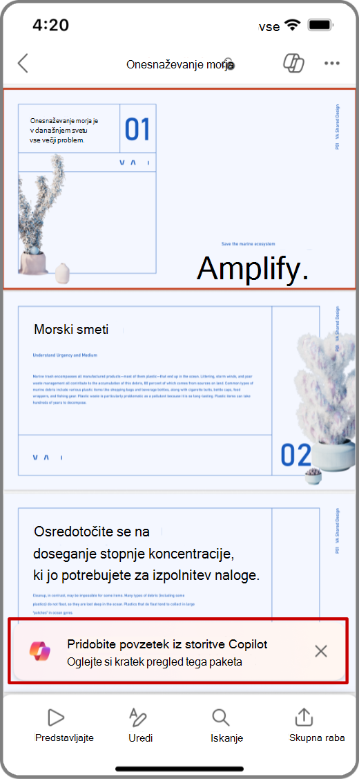 Posnetek zaslona storitve Copilot v PowerPointu na napravi s sistemom iOS z označenim pozivom Dobi povzetek