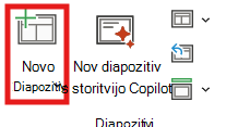 Posnetek zaslona postavitve novega diapozitiva.