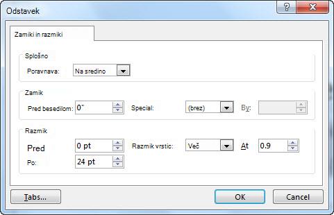 Pogovorno okno »Odstavek« v PowerPointu