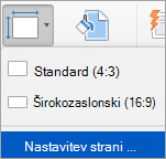 Pokaže možnost »Priprava strani« v meniju »Velikost diapozitiva«