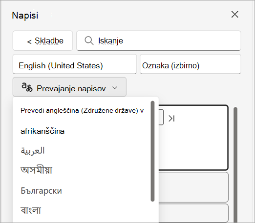 Spustni meni Prevajanje napisov v podoknu »Napisi«.