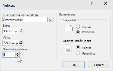 pokaže  pogovorno okno z velikostjo diapozitiva v PowerPointu