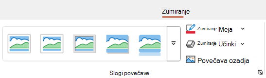 Zavihek »Povečava« na traku v PowerPointu vključuje možnosti oblikovanja, kot sta obroba in ozadje.