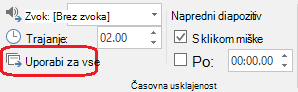 Ukaz »Uporabi za vse« na zavihku »Prehodi« v PowerPointu
