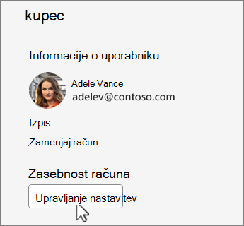 Pogovorno okno računa z zasedenim gumbom »Upravljanje nastavitev«.