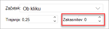 Polje »Zakasnitev« pri uporabi animacije v PowerPointu v spletu.
