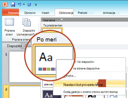 Z desno tipko miške kliknite novo temo, ki je navedena pod naslovom Po meri, in nato izberite Nastavi kot privzeto temo.