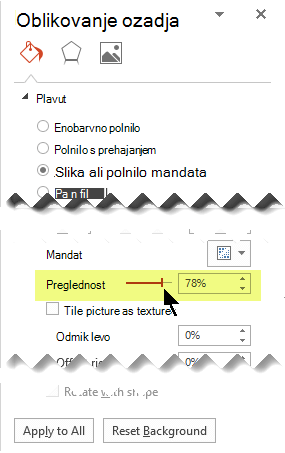Povlecite drsnik »Prosojnost«, da prilagodite sliko