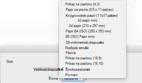 V pogovornem oknu »Priprava strani« je na voljo več vnaprej določenih možnosti velikosti diapozitiva