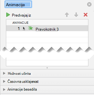 Podokno animacije vsebuje možnosti učinka, časovne uskladitve in možnosti besedilnega učinka