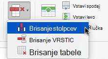 Izberite gumb Izbriši in nato izberite Izbriši stolpce ali Izbriši vrstice.