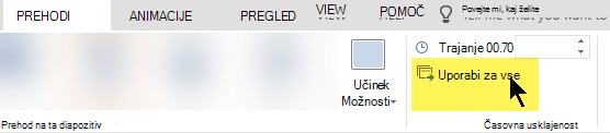 Izberite Uporabi za vse, če želite uporabiti prehod na vsakem diapozitivu v predstavitvi