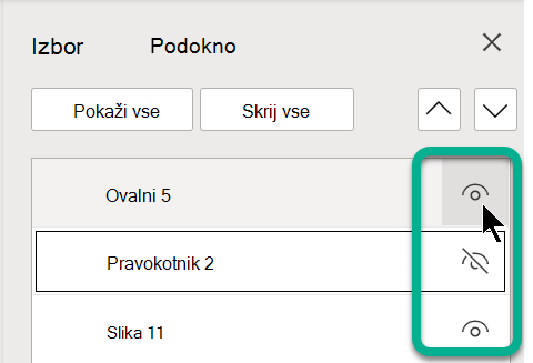 V podoknu izbora uporabite simbol očesa na desni strani poljubnega predmeta, da ga prikažete ali skrijete.
