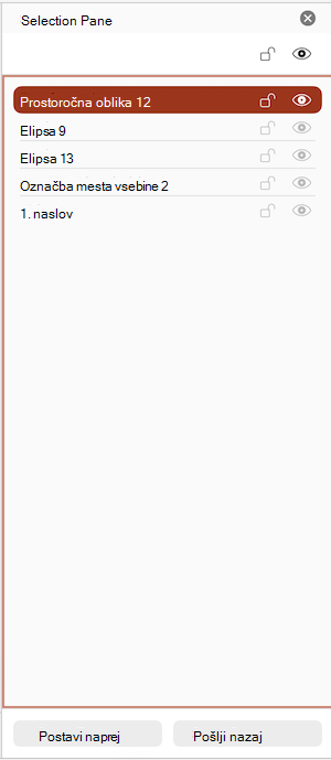 Posnetek zaslona podokna izbora v aplikaciji PowerPoint za Mac