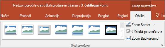 Prikazuje različne sloge in učinke zumiranja, ki jih lahko izberete na zavihku »Oblika« v PowerPointu.