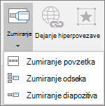 Prikaže različne vrste povečav, ki jih lahko izberete, ko odprete možnost Vstavi > povečavo: Povečava povzetka, Povečava diapozitiva in Povečava odseka.
