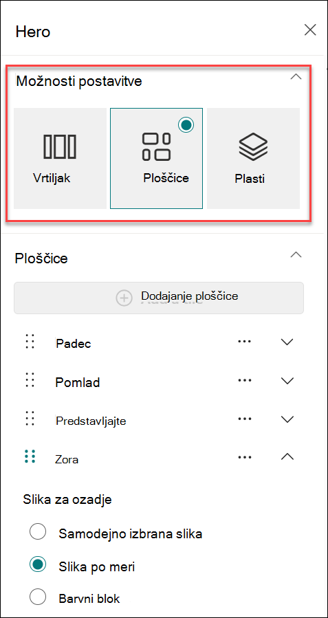 Posnetek zaslona »Spremeni postavitev« v podoknu z lastnostmi