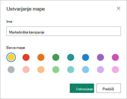 Ime nove mape lahko vnesete v pogovorno okno Ustvarjanje mape v SharePoint Modern izkušnji.